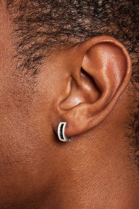 Iced Out 14K White Gold Plated Pave Black Cubic Zirconia Men Women Hoop Earrings